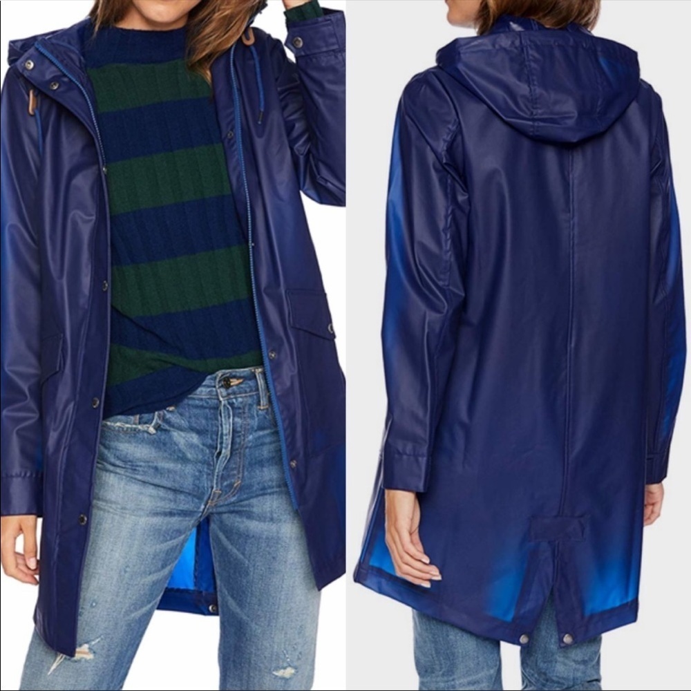 Levi's Blue Rain Jacket Trench Coat Hooded XS Long Line Snap Buttons Waterproof